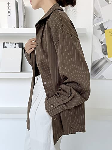 Image of Aahwan Solid Button Up Drop Shoulder Vertical Stripe Pattern Casual Long Sleeve Shirt for Women's & Girl's