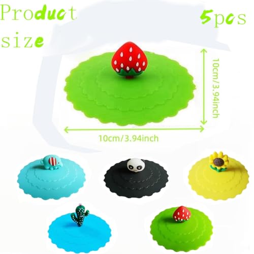Mookblank 5pcs Cute Silicone Mug Lids, Colorful Anti-Dust Silicone Glass Covers, Reusable Food Grade Drink Lids for Hot & Cold Water, Outdoors & Indoors