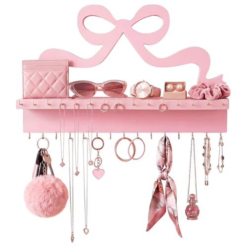 Novabright Wall Mounted Wooden Jewelry Organizer with Shelf, Pink 30 Hooks | Pink Bow Design Necklace Holder, Coquette Storage for Bracelets Rings, Girls Room Decor, Cute Hanger, Bedroom Dorm Organizer