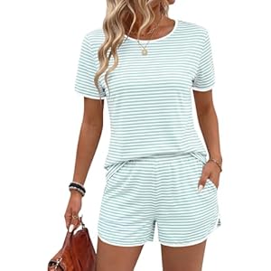 Rapbin Womens Pajama Sets 2026 Spring Summer Ladies Striped Short Sleeve 2 Piece Shorts Set Crew Neck Split Soft Cozy Pjs Light Green White Stripe Medium
