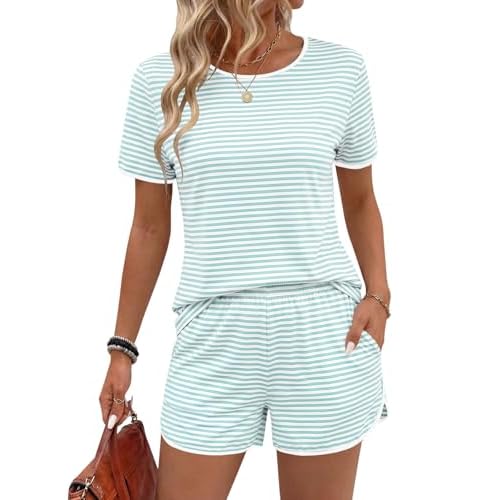 Rapbin Womens Pajama Sets 2026 Spring Summer Ladies Striped Short Sleeve 2 Piece Shorts Set Crew Neck Split Soft Cozy Pjs Light Green White Stripe Large