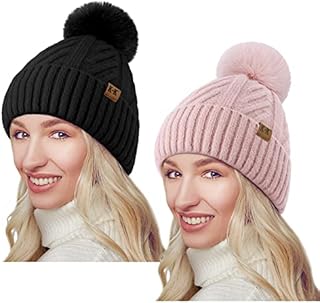 Bobble Hat Women - Winter Fleece Lined Beanie Hats Ladies Thermal Knitted Wooly Hats Cable Knit Hats with Pom Pom