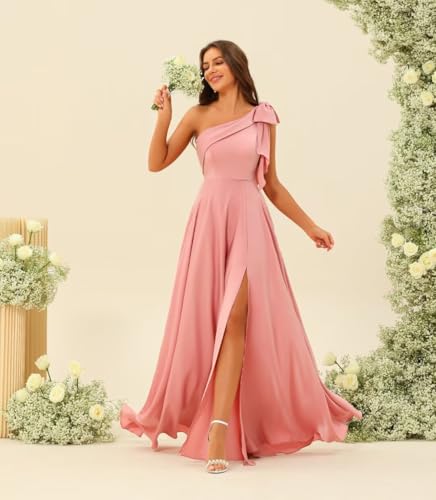 RSOETOO One Shoulder Bridesmaid Dresses with Slit Long Satin Formal Dress with Bow RO1962