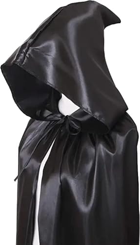 Kids Christmas Halloween Costume Satin Hooded Party Cloak With Hood Vampire Witch Cosplay Cape Robe For Children 8-16 Y (Black) #TOP4