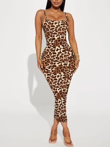 Image of Women's Midi Bodycon Tight Dress - Spaghetti Strap Summer Casual Leopard Cheeath Print Club Party Long Fitted Slip Dresses