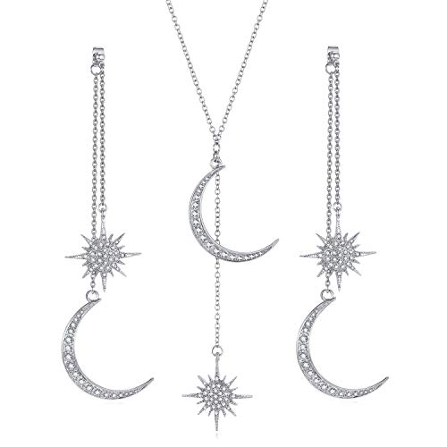 Feximzl Fashion Shiny Crystal Star Moon White Gold Color Drop Earrings Jewelry for Women Earring Jackets(Sets Earrings Necklace White Gold)