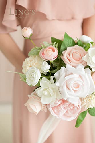 Ling's Moment Garden Blush 7 Inch Artificial Flowers Wedding Bouquet For Bridesmaids,Set Of 4, Bouquets For Bride,Wedding Arch Flowers,Bridal Shower,Centerpiece #TOP3