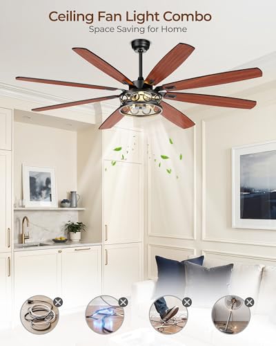 Image of Ceiling Fans with Lights and Remote, 72'' Vintage Caged Ceiling Fan with Light, 8 Blades, 6+1 Speed, Flush Mount Ceiling Fan Whisper-quiet for Farmhouse, Living Room, Kitchen and Porch (72 Inch)