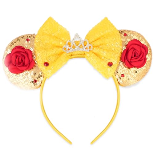 YUNISS Mouse Ear Headbands Sparkle Mouse Ears Headband for Women Girls Cartoon Princess Costume Cosplay Decoration (safflower)