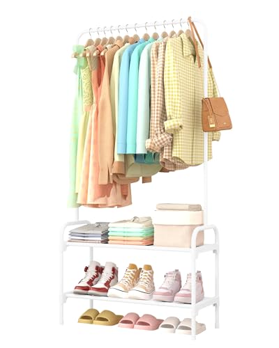 Sakugi ハンガーラック スリム 衣類収納＆シューズラック、大容量 おしゃれ クローゼット 寝室・玄関・ランドリー用 ホワイト、幅約74cm×奥行約30cm×高さ約150cm