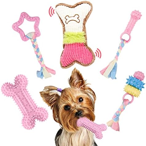 BAEJMJK 5 Pack Puppy Teething Toys Cute Pink Dog Chew Toys for Small Dogs Soft Rubber Puppy Toys Set Plush Squeaky Dog Toys for Cleaning Teeth Interactive Pet Doggy Bone Toys