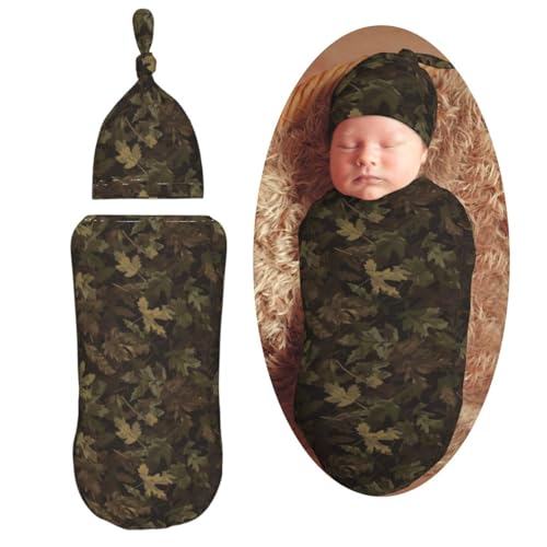 Image of Brown Camouflage Leaf Swaddle Blanket and Wrap Set with Beanie Hat - Soft Baby Receiving Blankets and Swaddle Blankets for Newborn Boys and Girls
