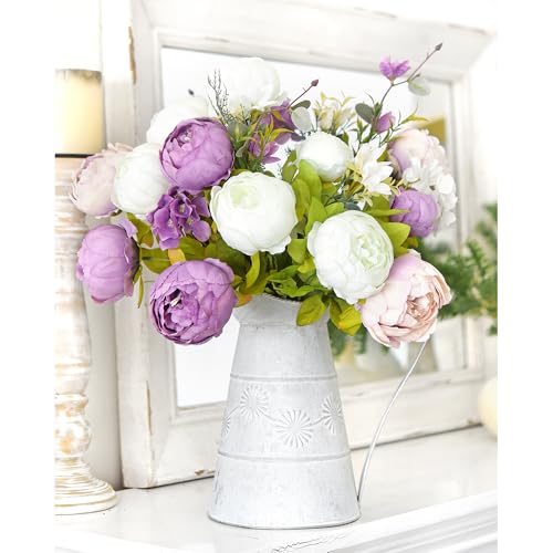 Image of FiveSeasonStuff Artificial Peonies Bouquet - Set of 2 Whimsical Lavender Bliss Silk Flowers, Purple and White Blooms, Multiple Stems per Main Stem, for Weddings, Home Decor, DIY Floral Arrangements