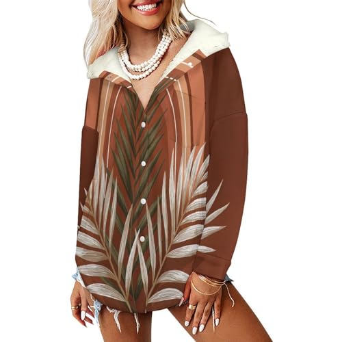Veste polaire femme à capuche imprimé feuilles de palmier marron