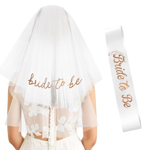Rose Gold Bride to Be Sash Veil for Bachelorette Party Decorations, 2 Pack Bride to Be Decorations Set for Women and Girls, Bridal Shower Gift, Wedding Engagement Gifts for bride