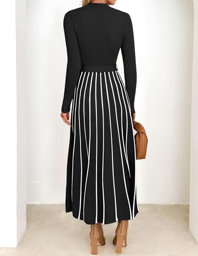 ZESICA Womens 2025 Fall Turtleneck Long Sleeve Sweater Dress Tie Waist Casual Loose Ribbed Knit A Line Midi Dresses4