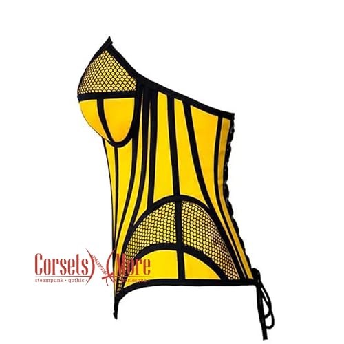 Women’s Yellow Satin black mesh Zipper Steampunk Overbust Bustier Corset2