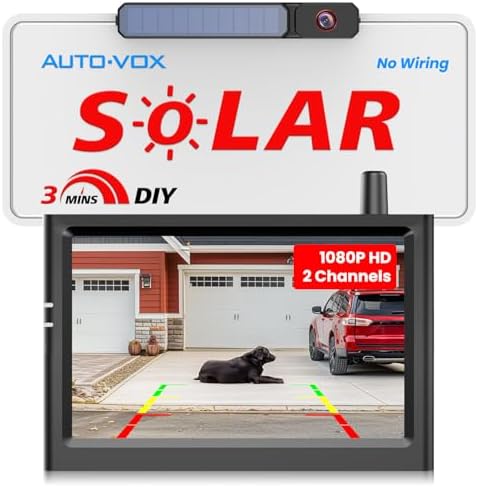AUTO-VOX Solar Wireless Backup Camera:5" HD 1080P Monitor,3 Mins DIY Installation & 5000 mAh Battery Powered Solar Back Up Camera Systems, IP69K Waterproof Reverse Camera for Car, Van, Truck, Trailer