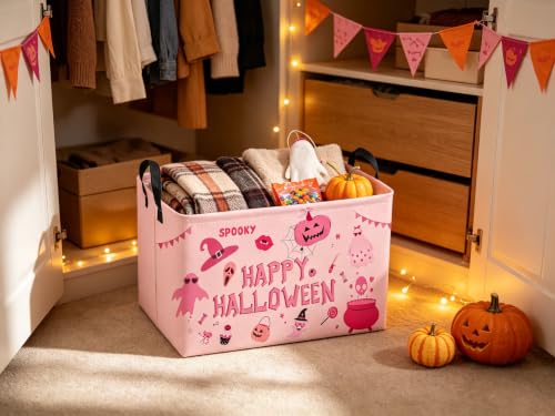 Image of Sanjiaofeng Rectangular Pink Halloween Ghost Storage Basket,Waterproof Foldable Storage Baskets,Trick or Treat Halloween Basket,Halloweens Party Candy Gift Baskets(Pink Ghost)