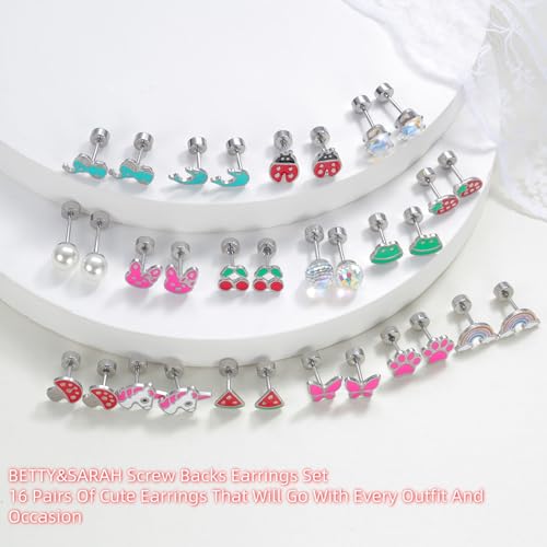 16 Pairs Hypoallergenic Screw Back Earrings for Women Girls 316L Stainless Steel Unicorn Butterfly Strawberry Cherry Flat Back Stud Earrings Jewelry Gift2