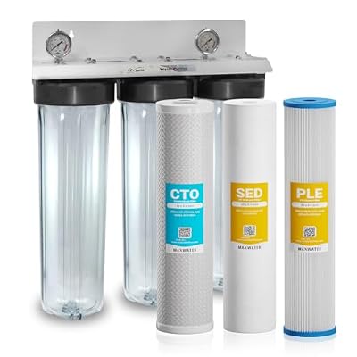20" x 4.5" 3 Stage Whole House Water Filter System, 1" NPFT Port 3 Clear Housing, 2 Pressure Gauge, 5 Micron Sediment, 10 Micron Pleated, CTO Filter, Ball Valve, Wrench FA-320BB-5CC-1 WGB32B