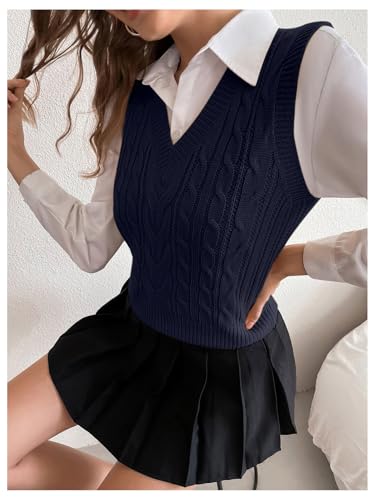 Image of Milumia Women's Cable Knit V Neck Sweater Vest Sleeveless Ribbed Crop Tank Top