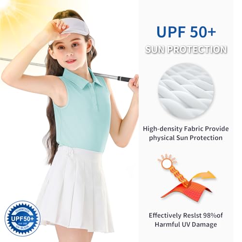 Image of Soneven Girls Sleeveless Polo Shirts Button UP Golf Tennis T-Shirts with Collared Quick Dry Tank Tops for 4-14 Years