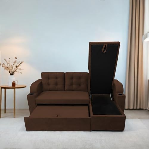 Image of Casaliving Grance RHS 4 Seater Corner Sofa Cum Bed for Living Room with Storage (Brown Fabric) Premium Fabric Sofa