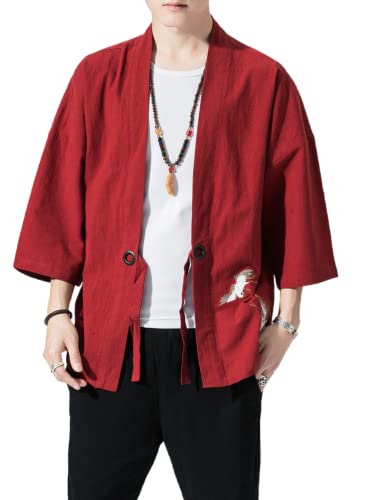 Image of Men's Japanese Kimono Cardigan Loose Cotton Linen 3 /4 Sleeve Open Front Casual Summer Shirt Jackets