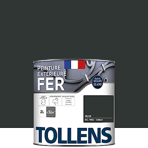 Tollens - Peinture extérieure fer 2 en 1 - Ultra Résistante - Protection antirouille - Laque Riche en Résine - Sans Sous-Couche - Entretien Facile - Brillant - Noir Brillant - 2L = 32m2