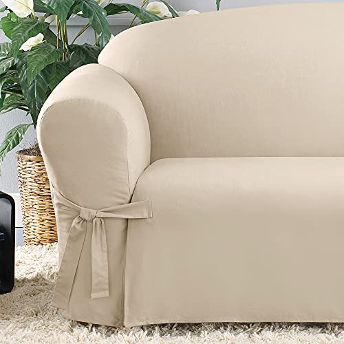 SureFit Home Décor Duck Cotton Solid Sofa Slipcover (Natural Color) - One Piece Full Length Relaxed Sofa Cover with Corner Ties/Machine Washable/Perfect for Protecting Your Favorite Furniture - Image 4