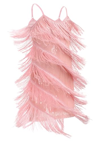 FYMNSI Latin Dance Dress for Girls Salsa Tango Jazz Ballroom Dancing Outfit Kids V-Neck Sparkly Sequin Tassel Fringed 1920s Flapper Dresses Stage Performance Competition Dancewear Pink 7-8 Years