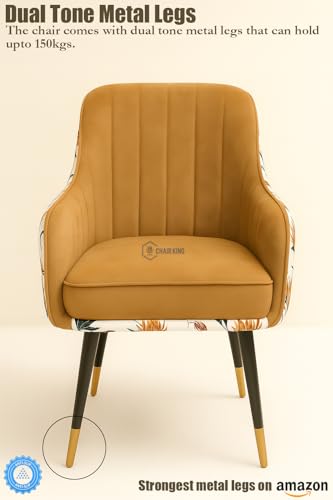 Image of Designer Accent Chair with Floral Printed Back & Footstool | Velvet Lounge Chair for Living Room, Makeup Vanity & Bedroom. (Light Brown Floral Set)