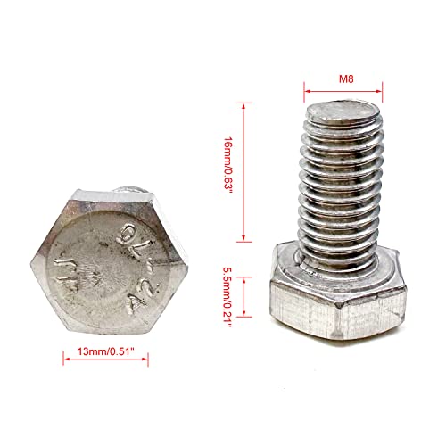 Image of M8 Hex Bolt, M8-1.25 x 16mm Hex Head Screw Bolts, 304 Stainless Steel, Fully Threaded, Plain Finish, Hex Tap Bolts 20Pcs (M8x16mm)