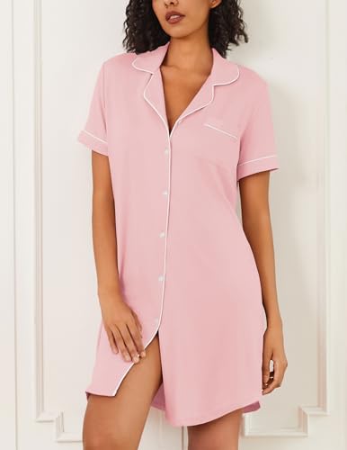 Ekouaer Nightgowns for Women 2 Pack Button Down Sleepwear Short Sleeve Sleepshirts Soft Nightshirts Boyfriend Pajama Dress2