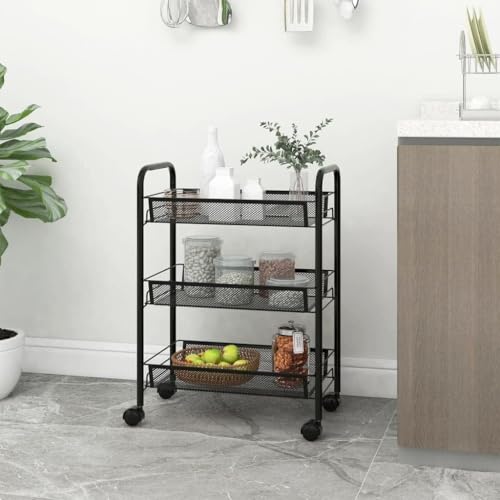 KRISHYAM® 3-Tier Slim Metal Rolling Cart with Wheels, Mesh Wire Storage Utility Trolley, Carbon Steel Kitchen Organizer, Fruit & Vegetable Stand for Kitchen, Bathroom & Office (3-Layer Rectangular)