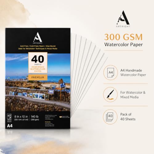 Image of ArtRight Artists' Watercolor Paper A4 300 GSM - 40 Sheets of Handmade Rough Grain Water Colour Papers for Watercolour, Acrylic, Gouache, Ink & Mixed Media