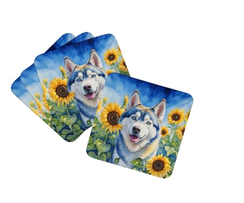 Caroline's Treasures Siberian Husky in Sunflowers Foam Coasters Set of 4 Cup Coasters for Indoor Outdoor, Tabletop Protection, Anti Slip, Mouse pad Material