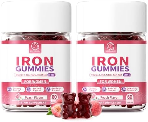 Iron Gummies for Women - Heme Iron for Max Absorption & Gentle on Stomach, 10-in-1 w/Vitamin C, B12, Folate, Supports Energy, Focus & Red Blood* Cell* Wellness | Vegan, Peach Flavor, 60 Ct (2 Pack)