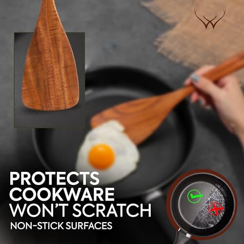 Image of 12 Pcs Wooden Cooking Utensils Set - Luxury Wooden Kitchen Utensils with Holder, Versatile Wooden Spoons for Cooking & Durable Teak Wood Utensil Set for Modern Home - Cooking spoons with Spatula
