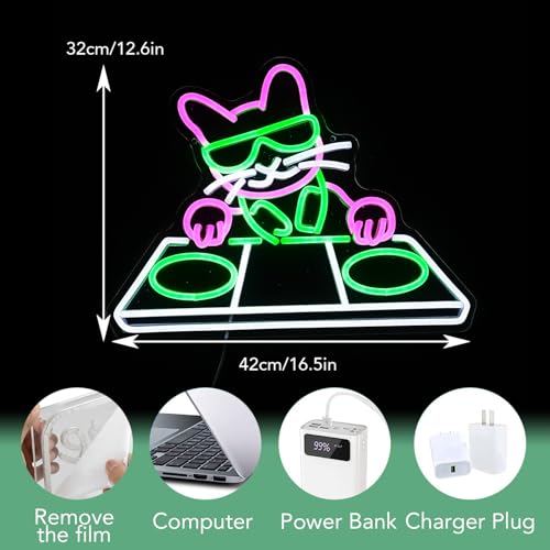 Image of Cat DJ Player Neon Sign Dimmable DJ Player Led Neon Light for Wall Decor USB Powered Cool Neon Light Sign for Bar Party Man Cave Bedroom Art Wall Decoration