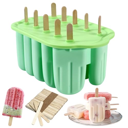 10 Cavities Ice Lolly Moulds with 50pcs Wooden Sticks, Reusable Silicone Popsicle Mould BPA Free Ice Pop Moulds Non-Stick Easy to Remove Ice Lolly Maker for Kids Adult DIY Ice Cream Gifts