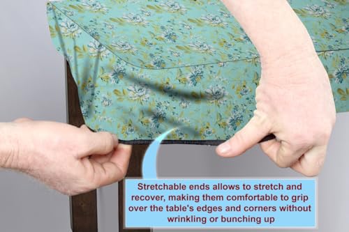 Image of The Furnishing Tree Elastic Cotton Square Dining Table Cover 44x44 in Inches Floral Golden Leaf on Blue Base