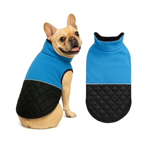 Image of The Pets Company Dog Winter Coat Jacket, Cloth, Windproof, Light Weight, Washable, Ultra Warm Thick Fleece Lined Dog Vest for Cold Weather Protection, (Reversible Blue, Small - Med - 16 Inch)