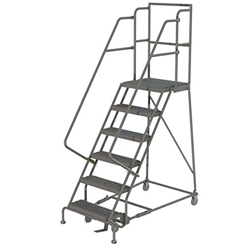 Image of Tri-Arc KDSR106162-D3 6-Step 30 inch Deep Top Steel Rolling Industrial & Warehouse Ladder with Handrails, 16 inch Wide Grip Strut Tread