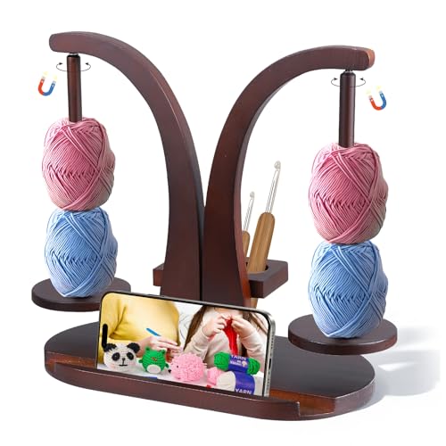 Porte Fil en Bois pour Tricot, Dévidoir Laine avec Porte-Téléphone Dérouleur Laine Support Pelote Laine Magnétique Porte-Bobine Fil Accessoires Crochet et...