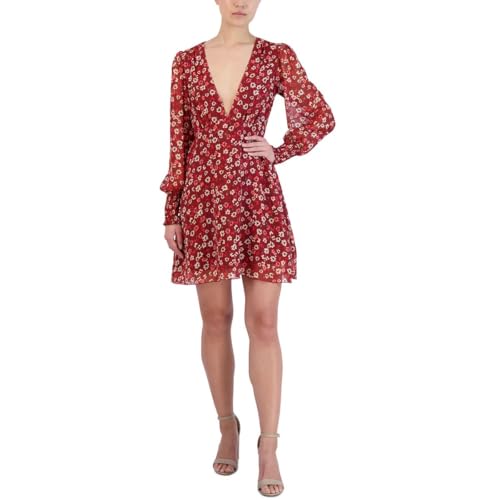 BCBGeneration Women's Relaxed Fit and Flare Mini Dress Long Sleeve Smocked Wrists, Abstract Floral, Small at Amazon Women's Clothing store