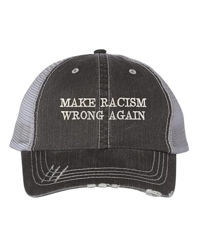 Go All Out One Size Black/Grey Trucker Make Racism Wrong Again Embroidered Distressed Trucker Cap