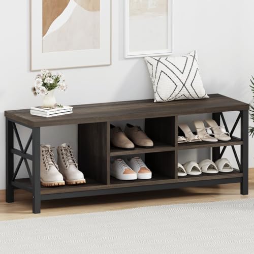 FATORRI Shoe Bench Entryway with Storage, Industrial Wood and Metal Hallway Benches with Adjustab...