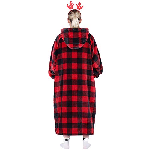 Image of Waitu Wearable Blanket Hoodie Sweatshirt Gifts for Adult and Child, Warm and Cozy Giant Hoodie Blanket for Women and Men, Flannel Blanket with Sleeves - Red and Black Plaid